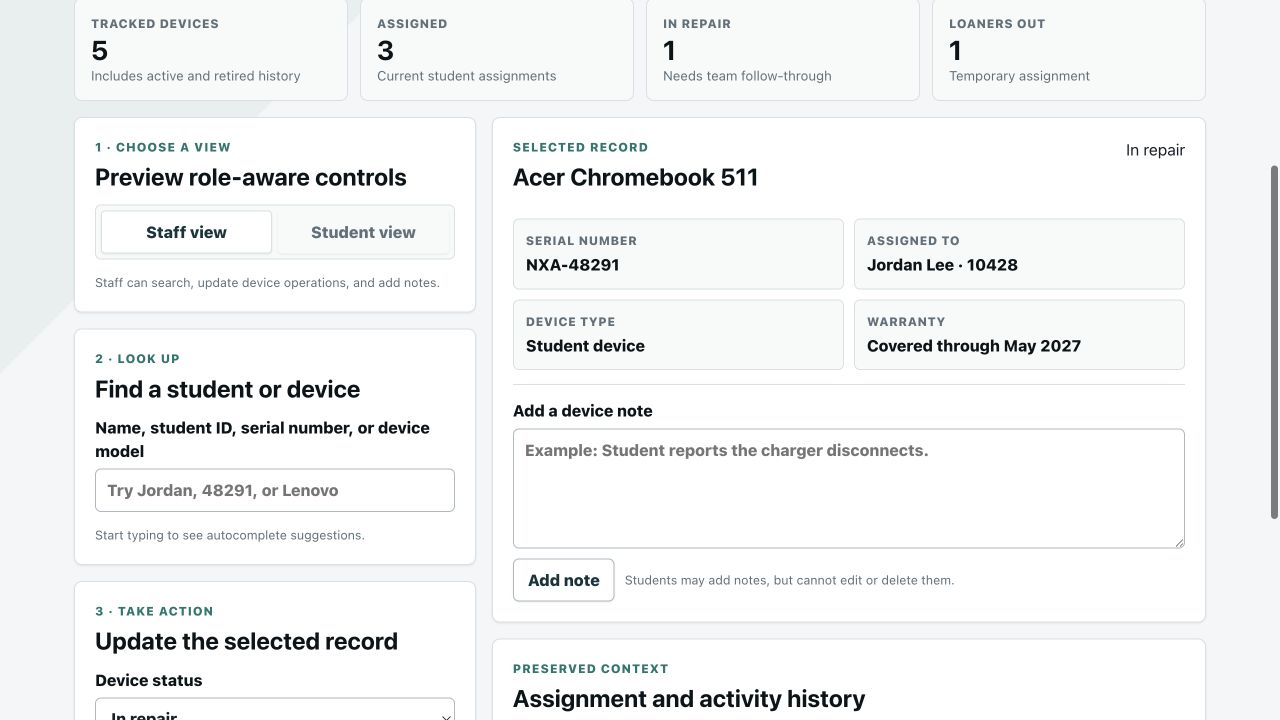 FlowStack Devices synthetic demo with lookup controls, a selected device, and activity history