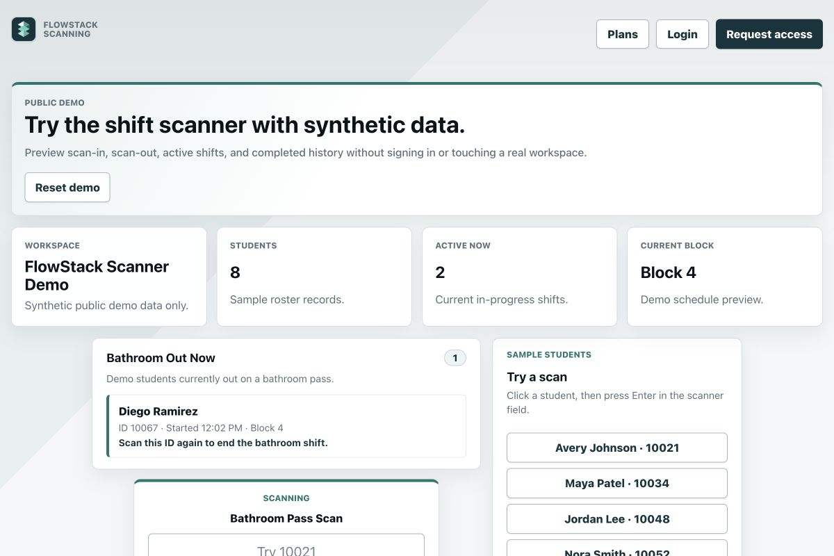 FlowStack Scanning synthetic dashboard with active student movement records and sample scan controls